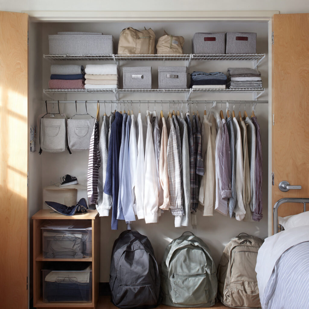 24 Dorm Room Ideas for Guys That Are Cool, Practical, and Easy to Copy 20 dorm closet with hanging organizers shelves or ove