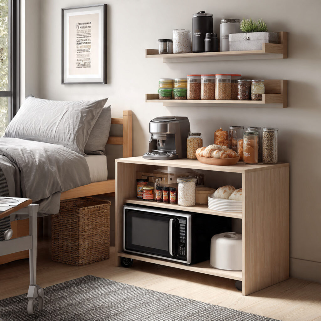 24 Dorm Room Ideas for Guys That Are Cool, Practical, and Easy to Copy 9 dorm room snack station with mini fridge small mic