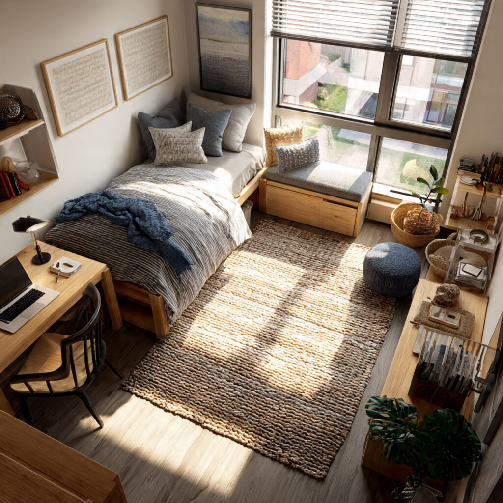 24 Dorm Room Ideas for Guys That Are Cool, Practical, and Easy to Copy 11 dorm room with a cozy area rug covering cold floor