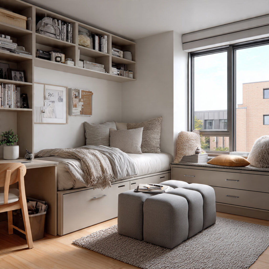 24 Dorm Room Ideas for Guys That Are Cool, Practical, and Easy to Copy 7 dorm room with a small storage ottoman that double