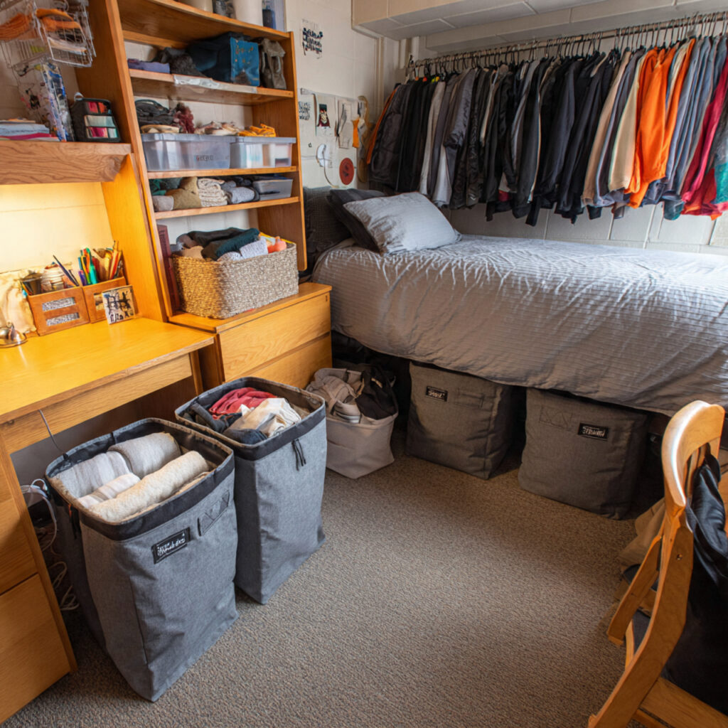 24 Dorm Room Ideas for Guys That Are Cool, Practical, and Easy to Copy 25 dorm room with divided laundry hamper for darks li