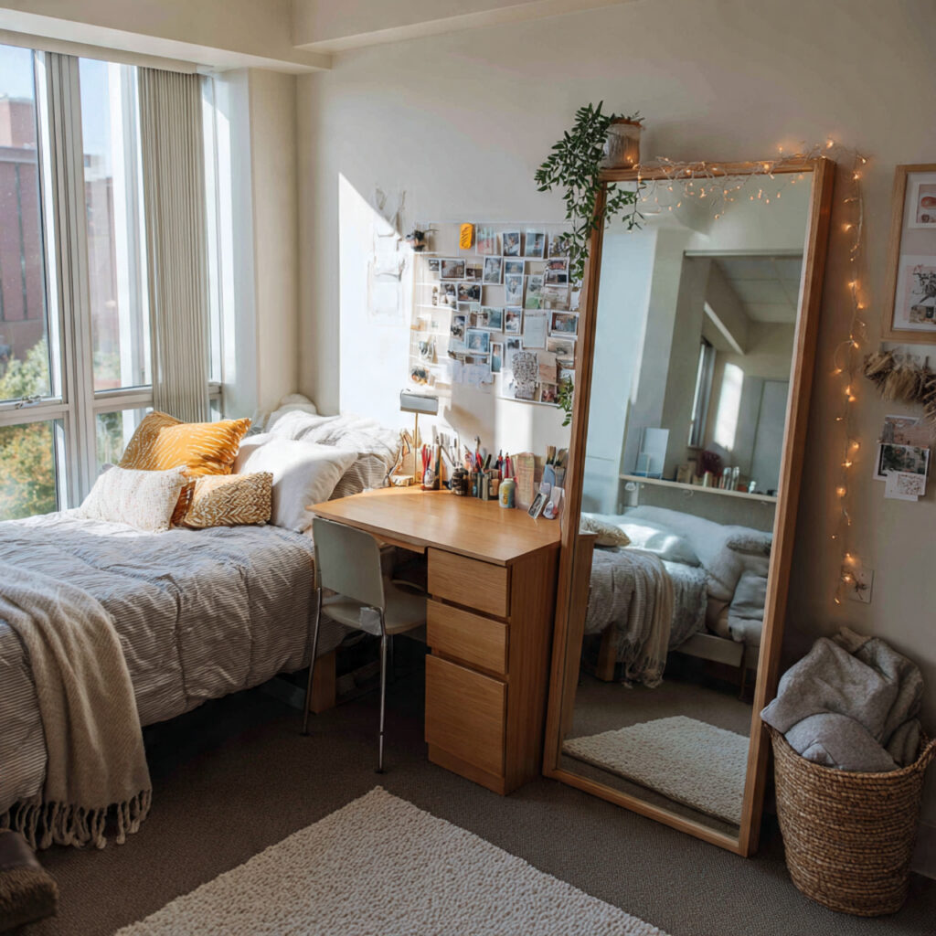 24 Dorm Room Ideas for Guys That Are Cool, Practical, and Easy to Copy 18 dorm room with full length mirror leaning or mount