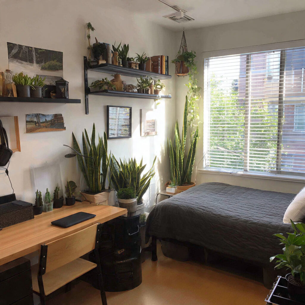 24 Dorm Room Ideas for Guys That Are Cool, Practical, and Easy to Copy 17 dorm room with low maintenance plants on desk or s