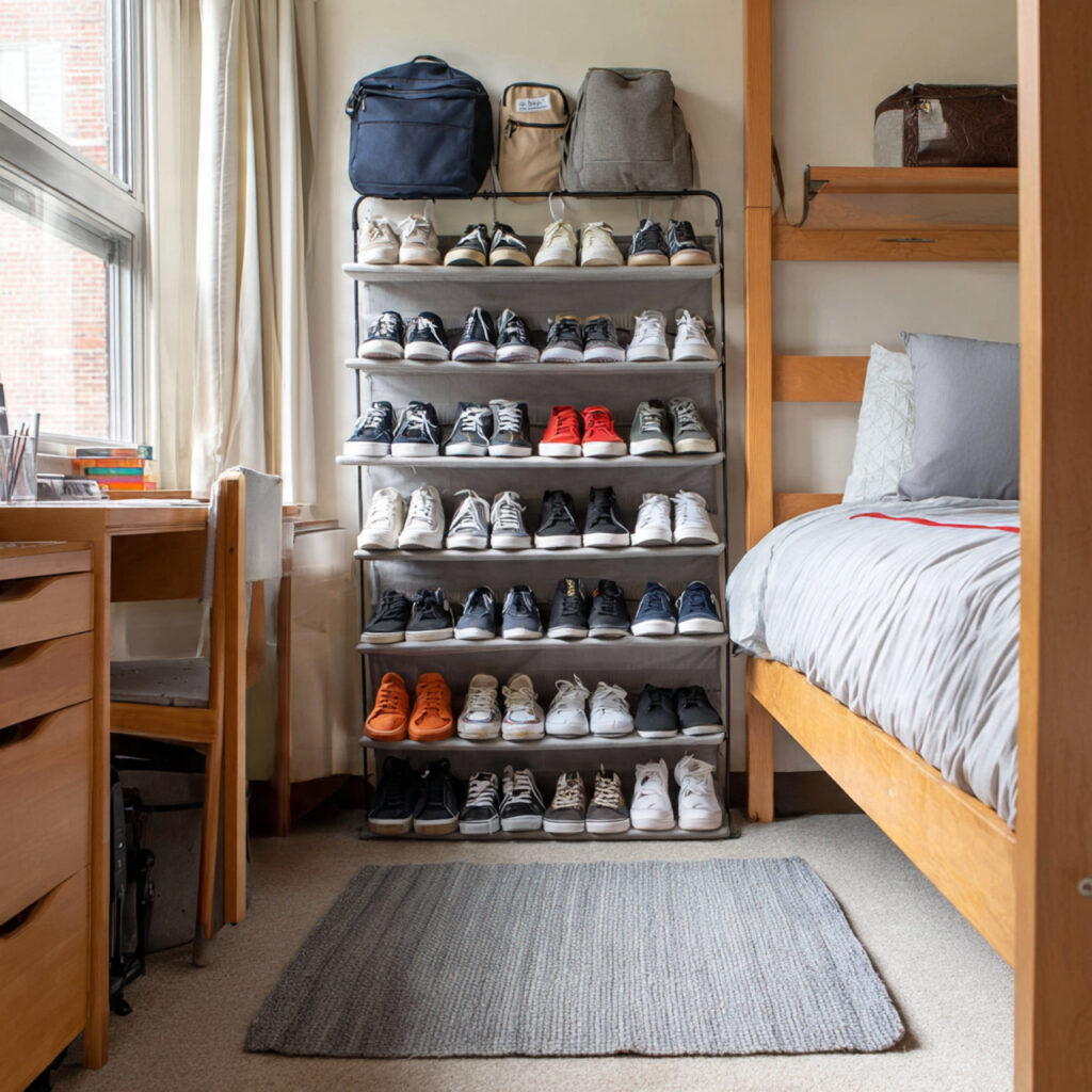 24 Dorm Room Ideas for Guys That Are Cool, Practical, and Easy to Copy 23 dorm room with shoe rack or over door organizer ho