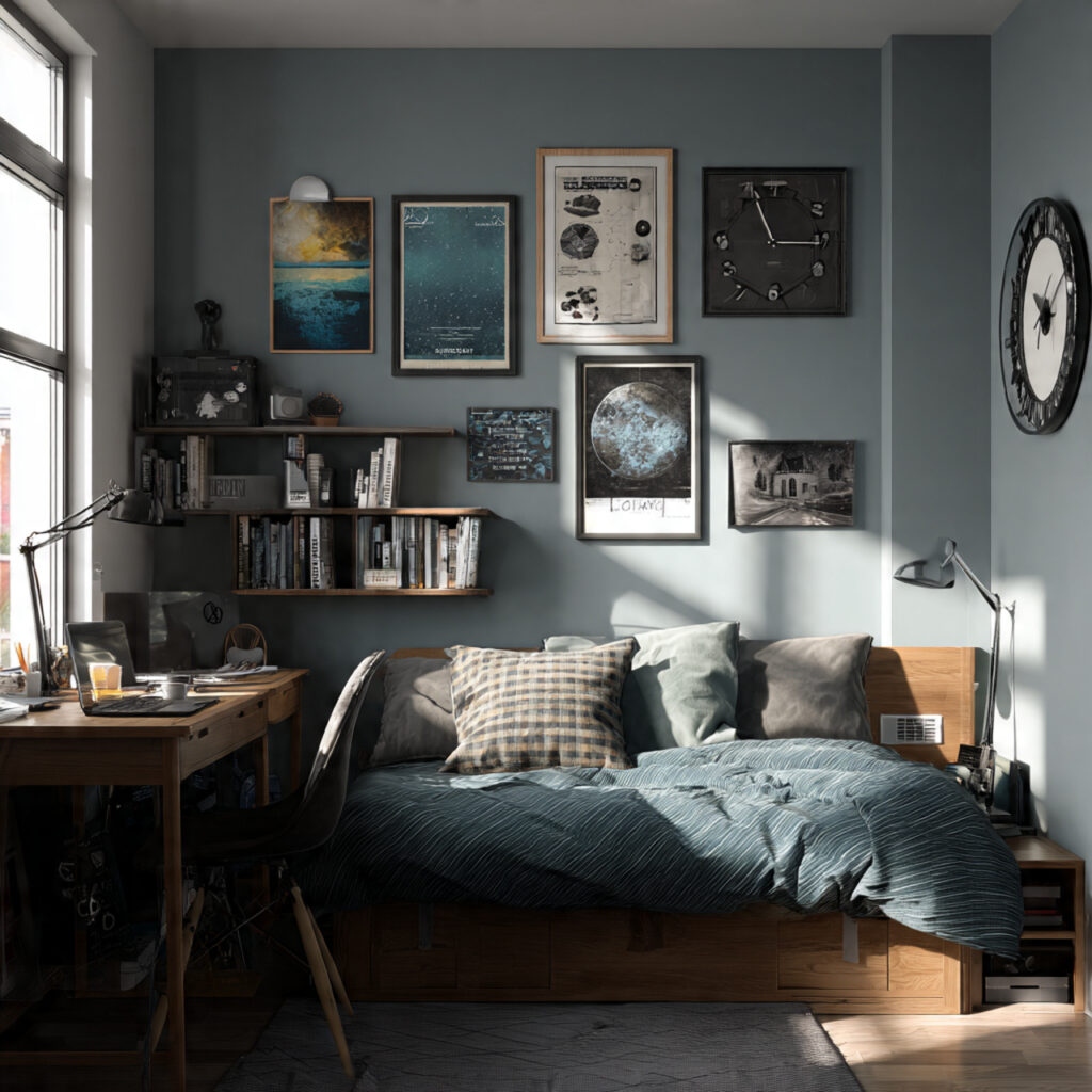 24 Dorm Room Ideas for Guys That Are Cool, Practical, and Easy to Copy 12 dorm wall with 3 4 framed posters or prints above