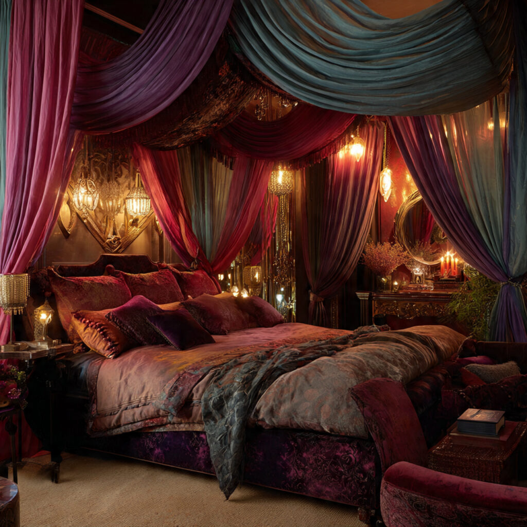 dramatic maximalist bedroom with ornate canopy bed