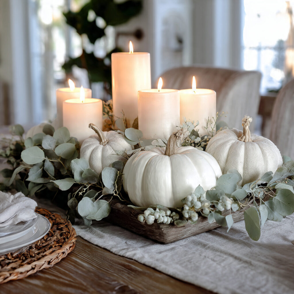 elegant table centerpiece with white pumpkins of v