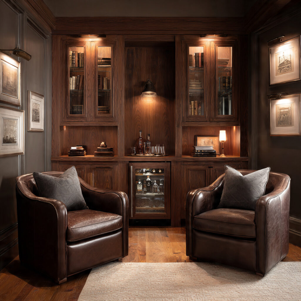 23 Classy Man Cave Ideas That Feel Stylish, Cozy, and Grown-Up 14 elegant man cave with built in mini fridge