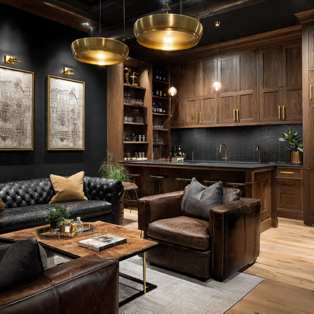 23 Classy Man Cave Ideas That Feel Stylish, Cozy, and Grown-Up 23 elegant man cave with coordinated brass and