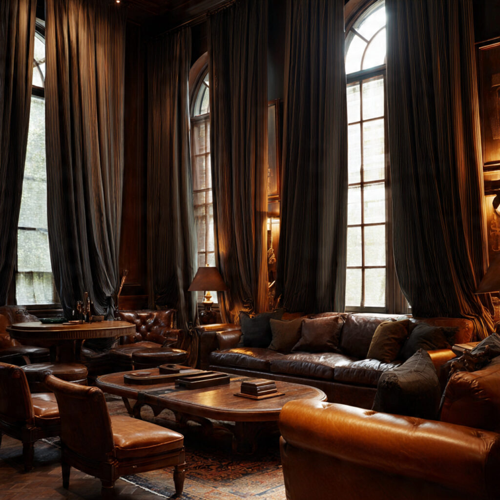 23 Classy Man Cave Ideas That Feel Stylish, Cozy, and Grown-Up 10 elegant man cave with tall curtains in