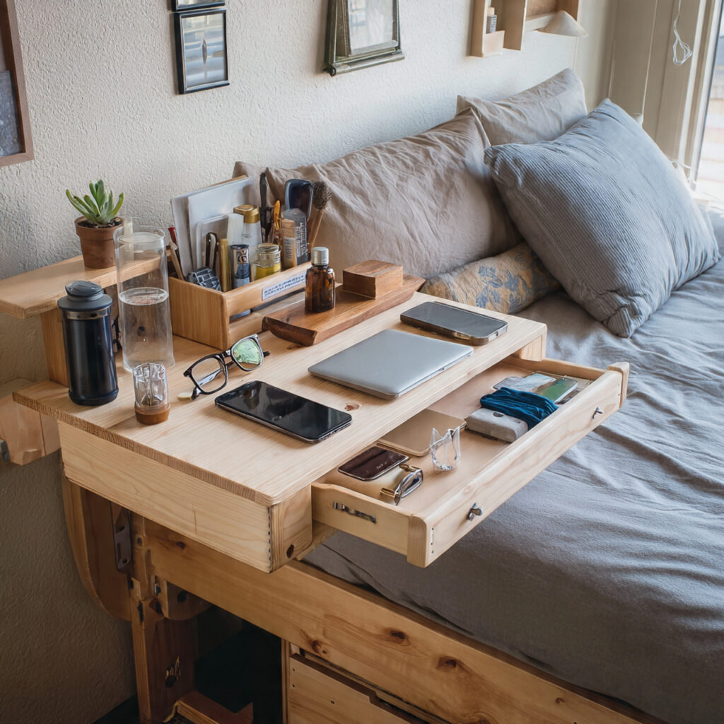 24 Dorm Room Ideas for Guys That Are Cool, Practical, and Easy to Copy 14 elevated bed with attached bedside caddy or small