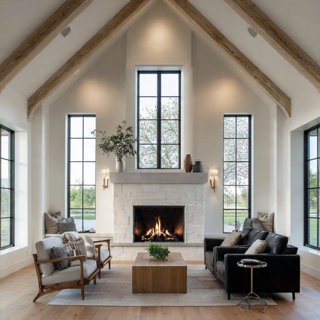 farmhouse fireplace flanked by tall windows on
