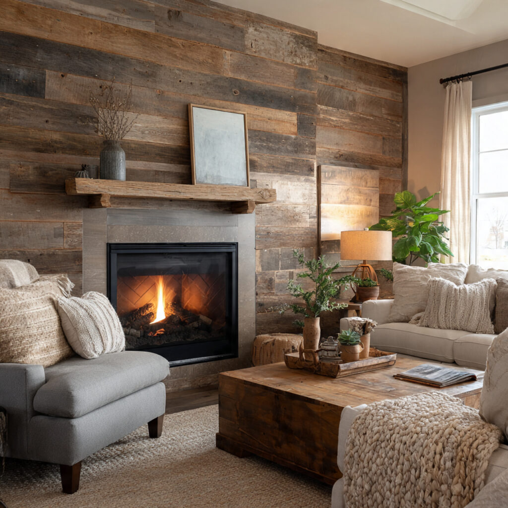 farmhouse fireplace set against full wood plank