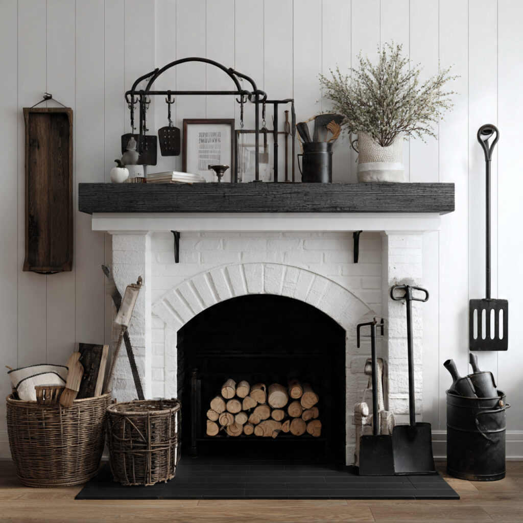 farmhouse fireplace styled with rustic iron tools