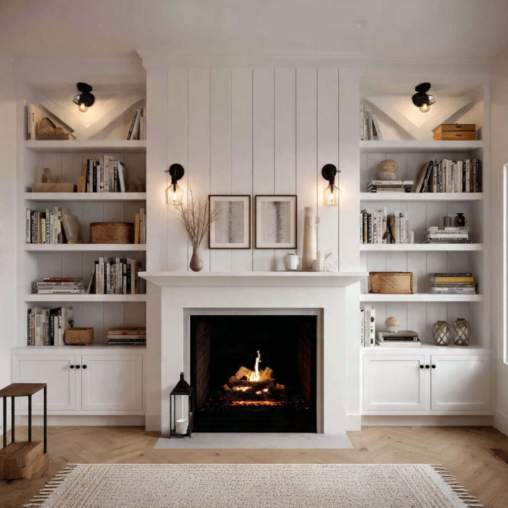 farmhouse fireplace wall with built in shelves on
