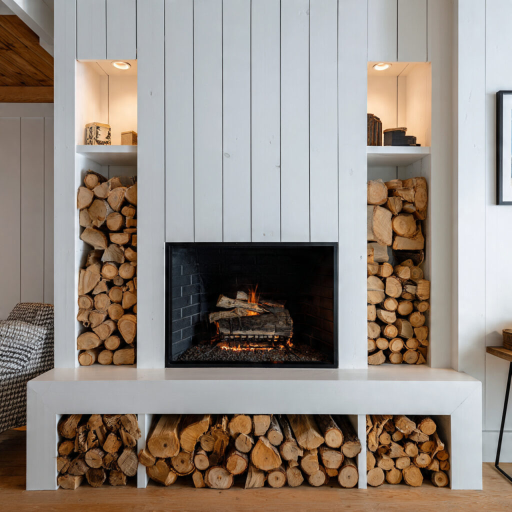 farmhouse fireplace with built in firewood storage cubbies