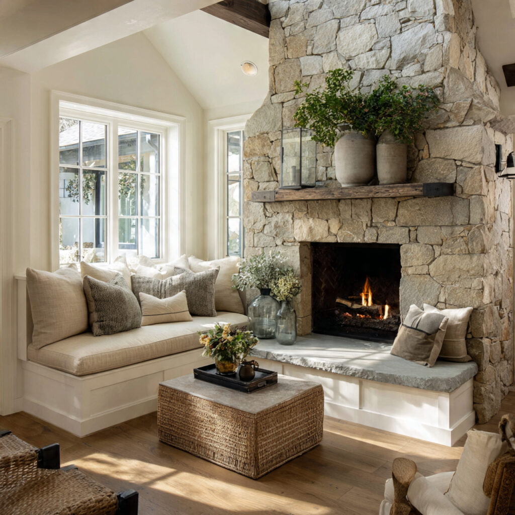 farmhouse fireplace with raised hearth seating stone