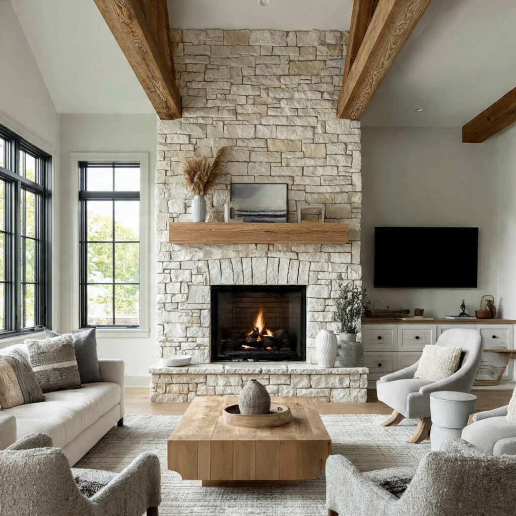 farmhouse fireplace with stacked light stone surround