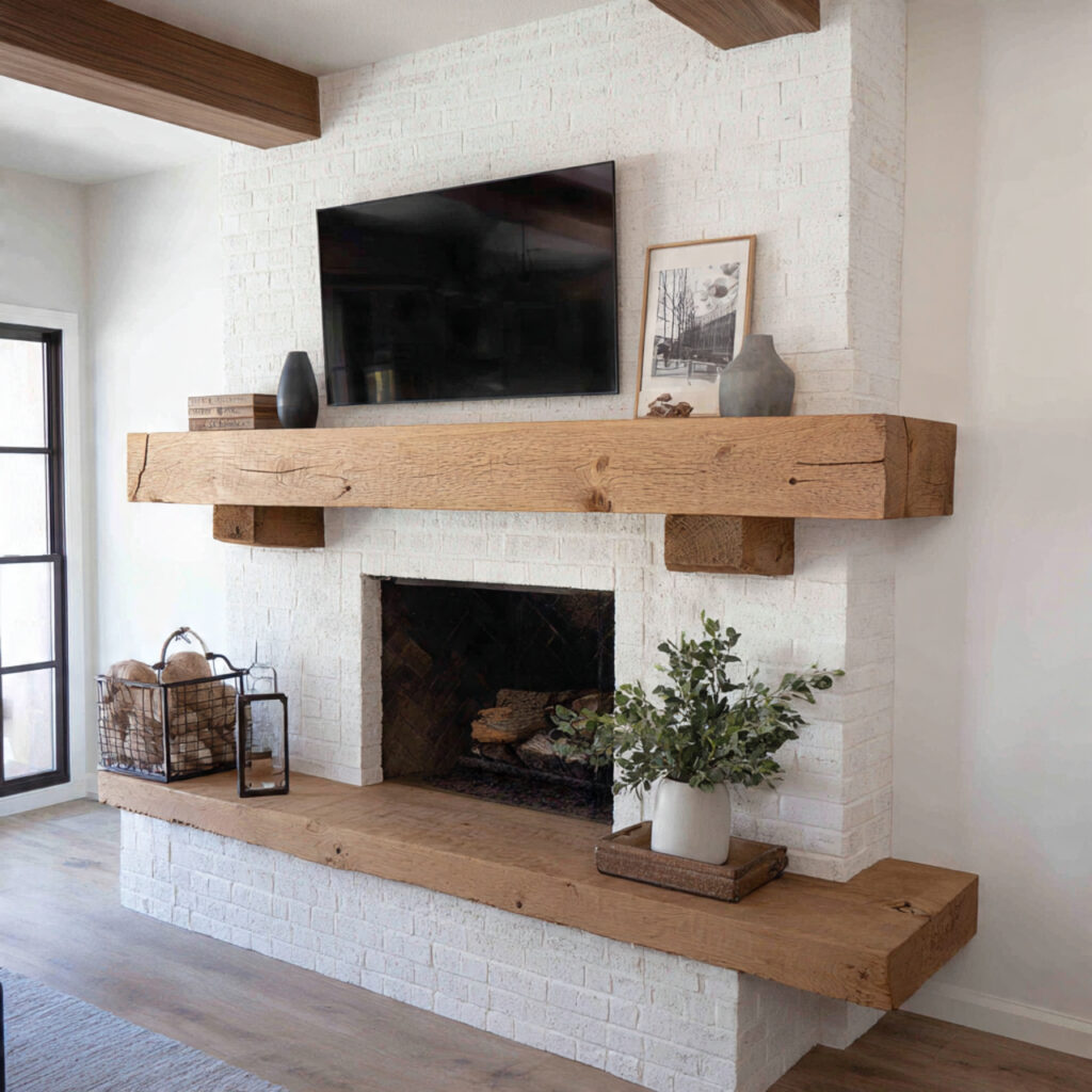 farmhouse fireplace with thick floating wood mantel