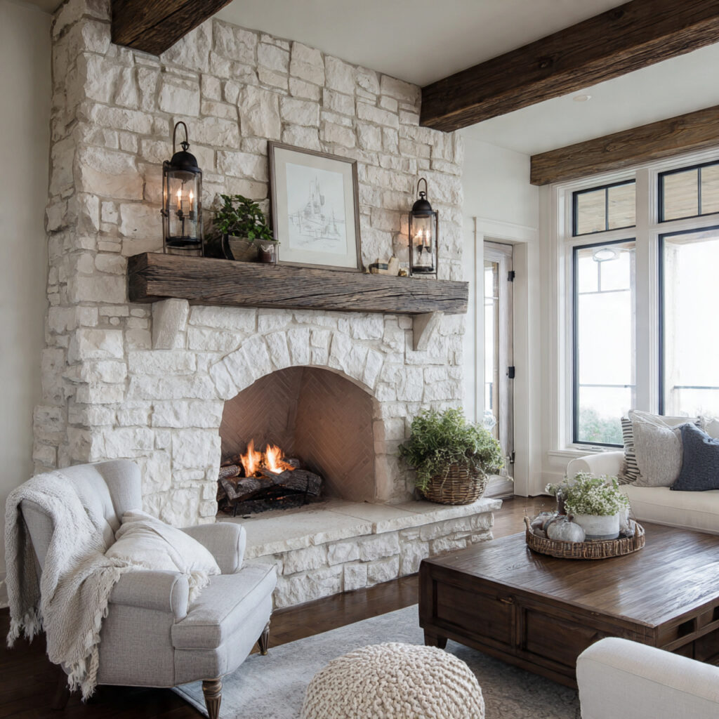 farmhouse fireplace with whitewashed stone surround soft