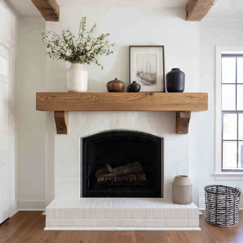 farmhouse fireplace with wood mantel supported by