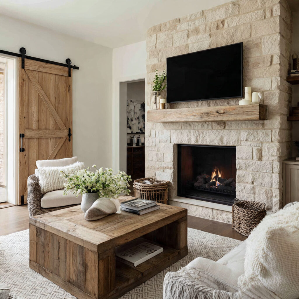 farmhouse living room with fireplace featuring sliding