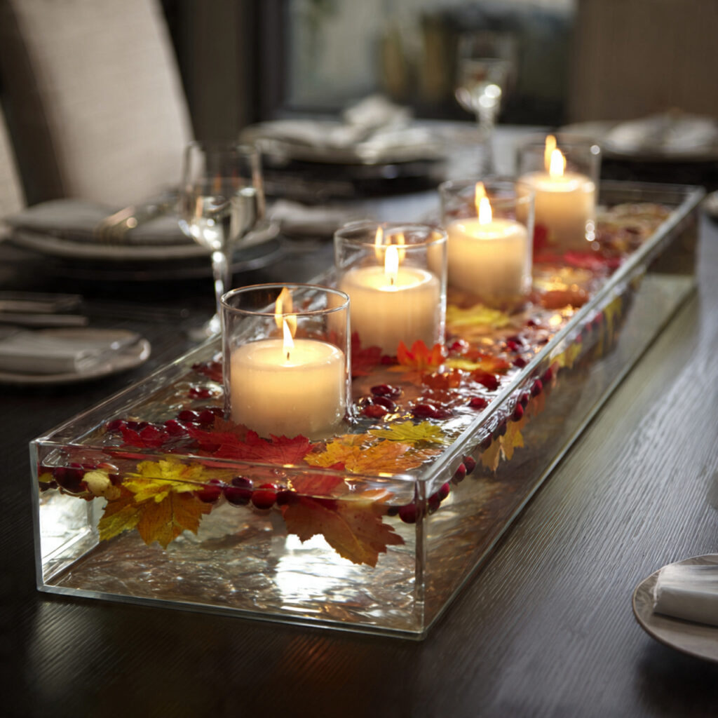 floating candles placed in a long water filled