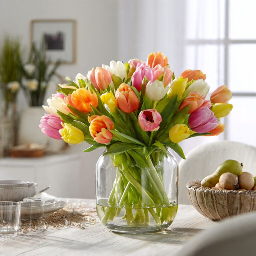 fresh tulip centerpiece dining table with a clear