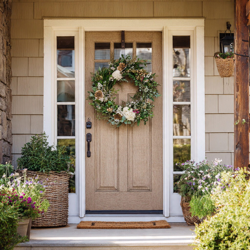 front door with burlap wreath decorated with green