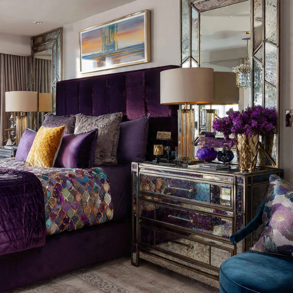 glamorous maximalist bedroom with mirrored nightstands and