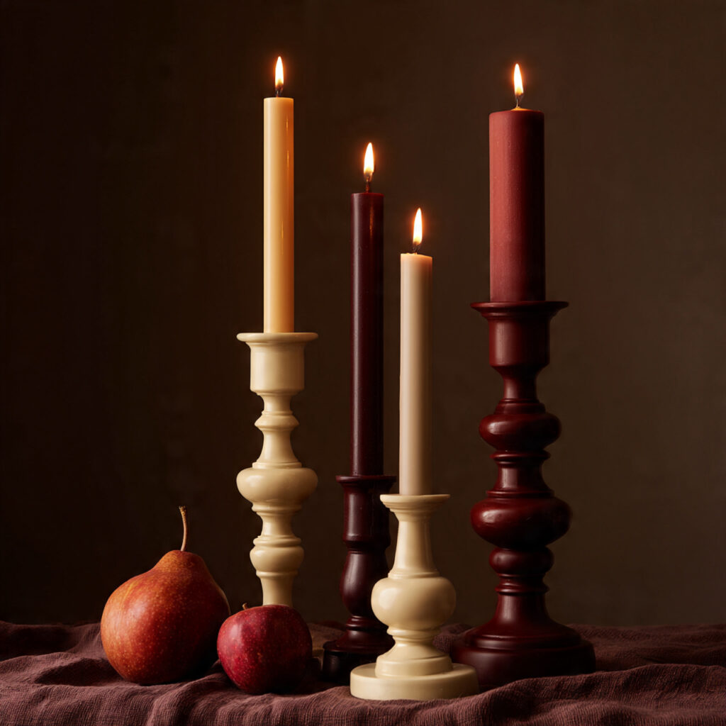 grouping of three to five candlesticks in cream ru