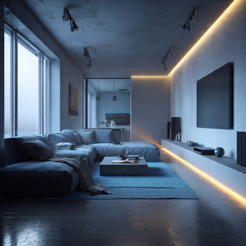high tech masculine living room with smart lighting