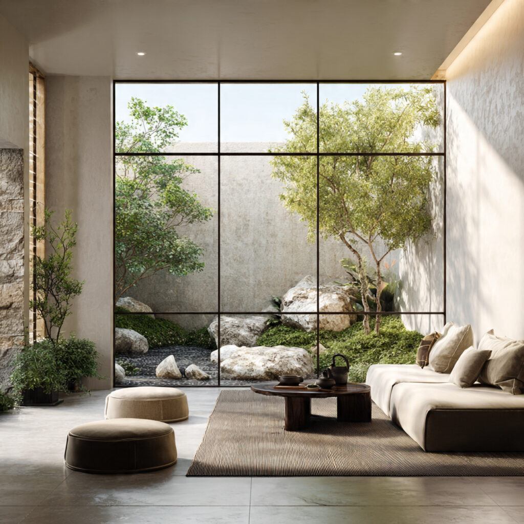 japandi living room facing a small zen