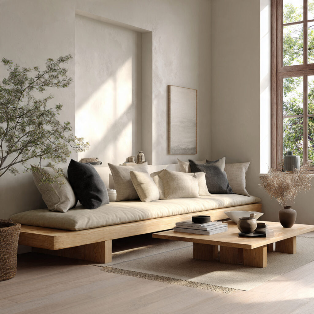 japandi living room featuring a low wooden