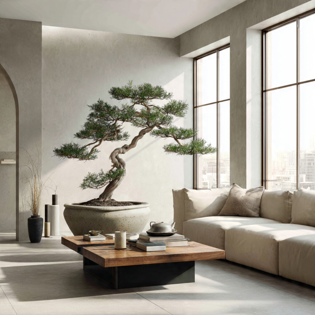 japandi living room featuring a single bonsai