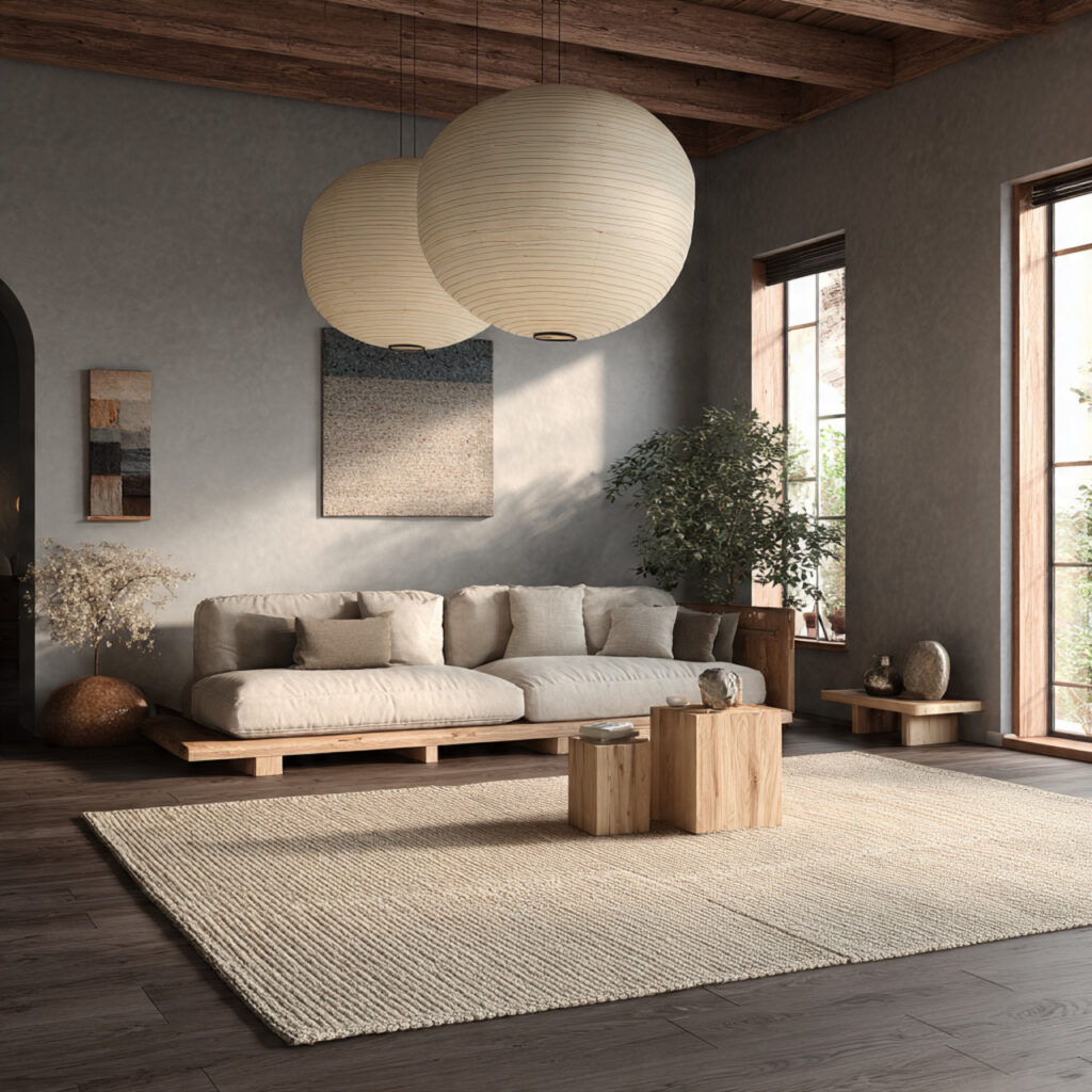 japandi living room featuring a tatami inspired flat