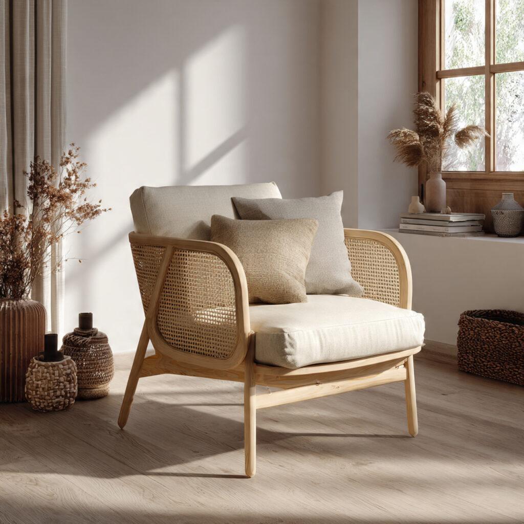 japandi living room featuring rattan accent chair