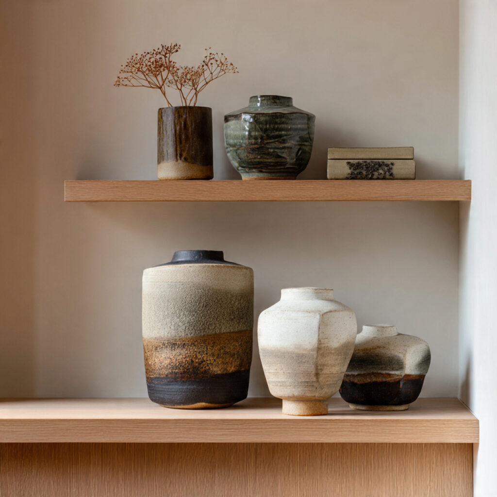 japandi living room featuring wabi sabi ceramic vases