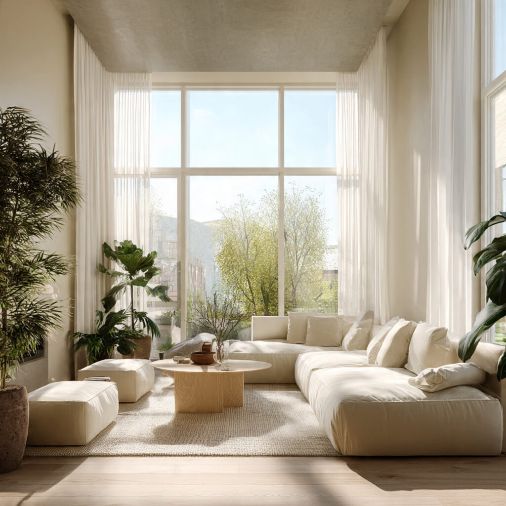 japandi living room filled with natural light