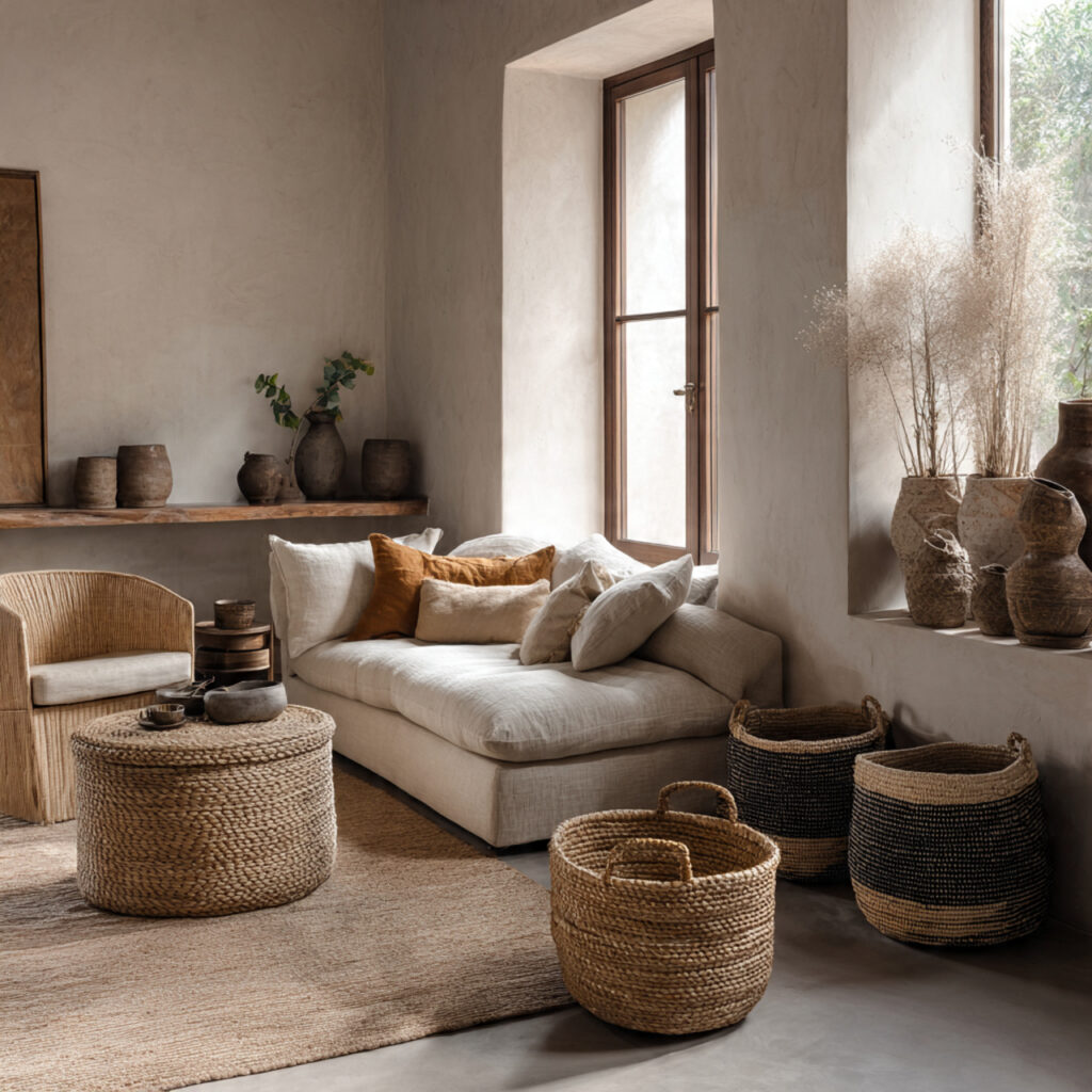 japandi living room styled with handwoven baskets