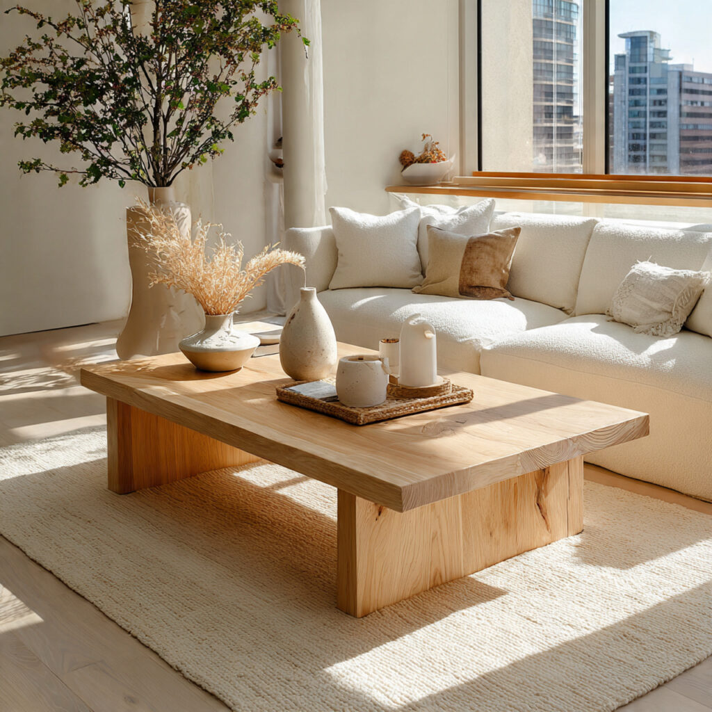 japandi living room with a natural wood