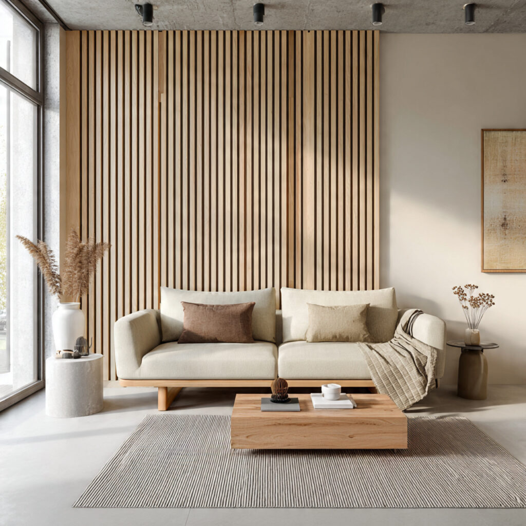 japandi living room with a wooden slat