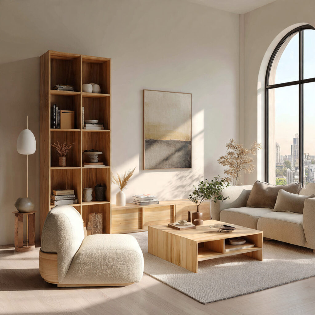 japandi living room with completely decluttered surfaces