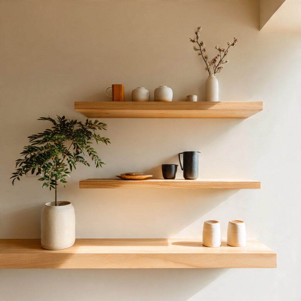 japandi living room with minimalist floating wooden