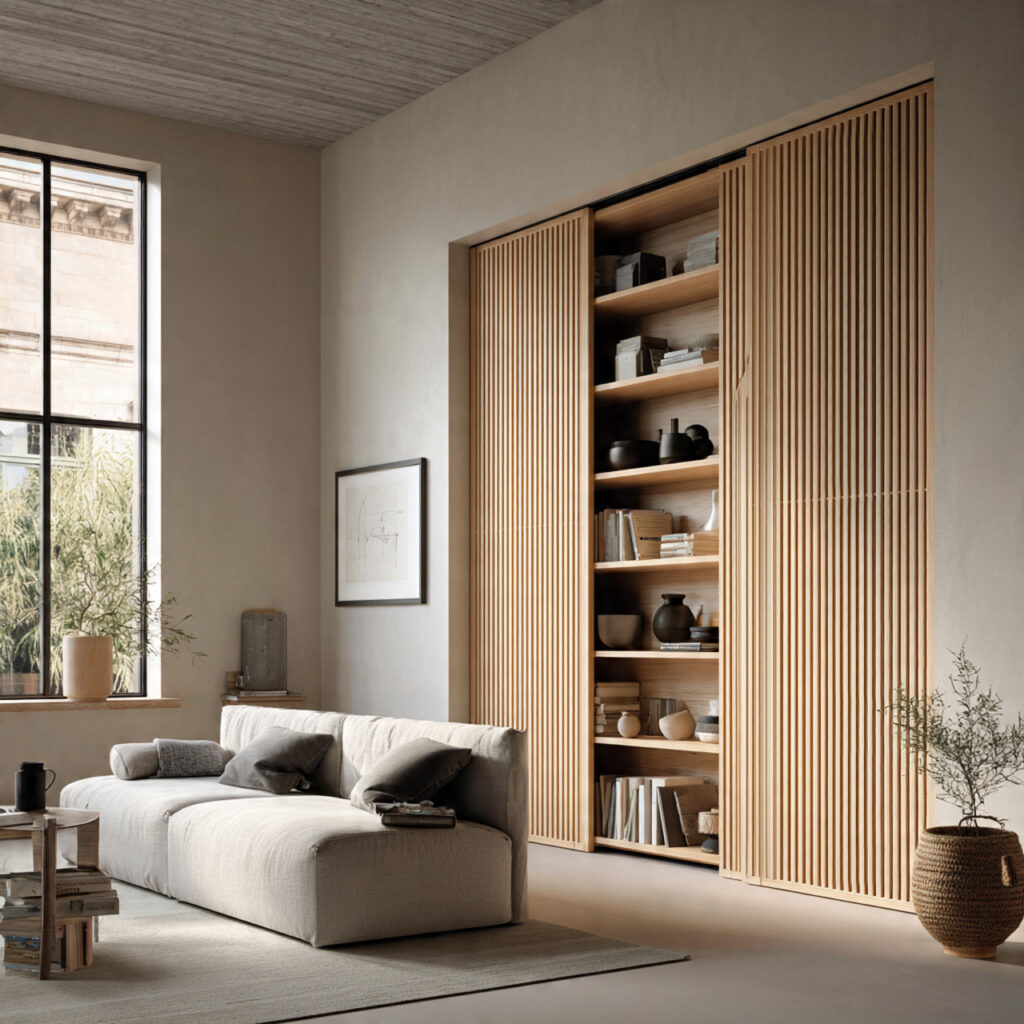 japandi living room with sliding wooden panel