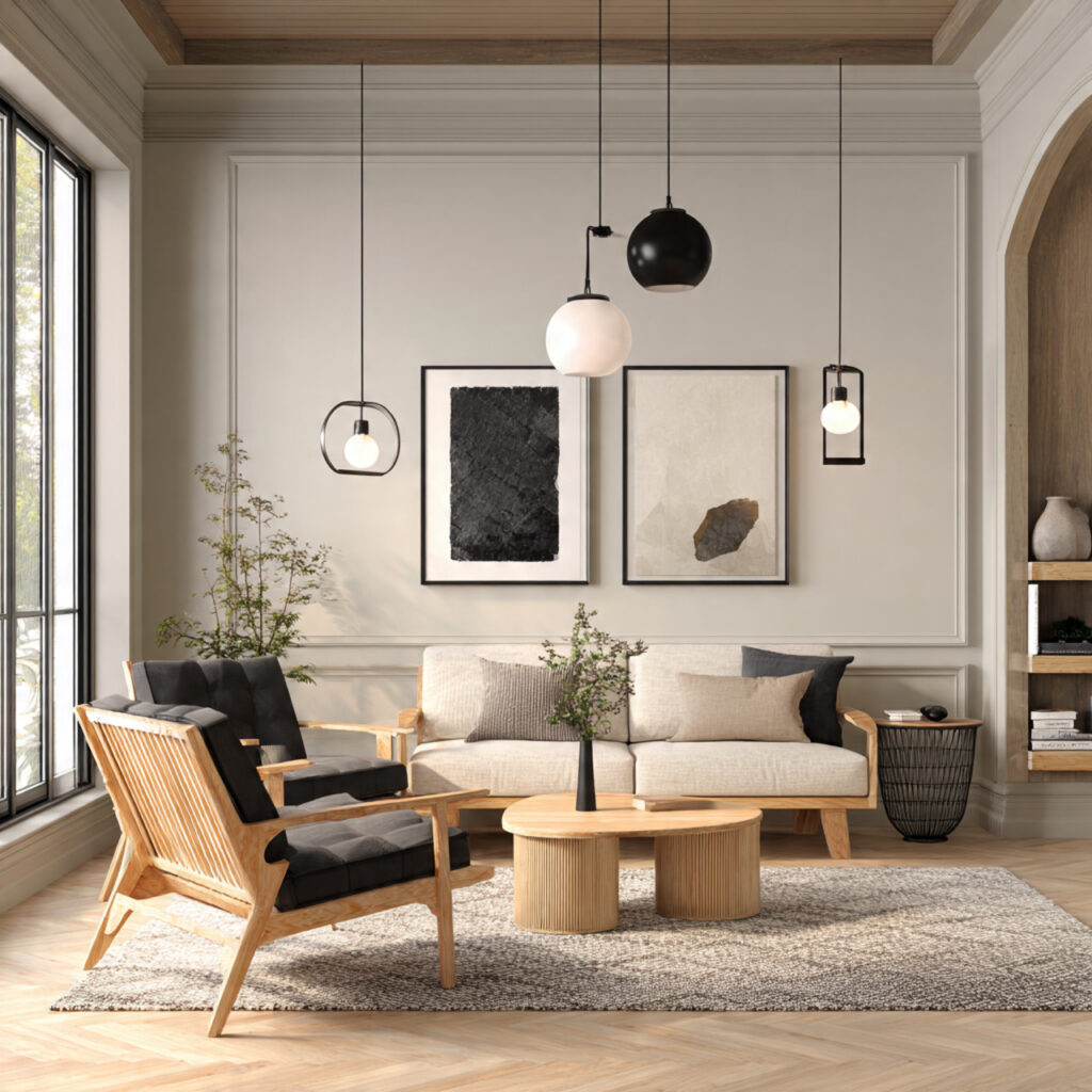 japandi living room with subtle black accents