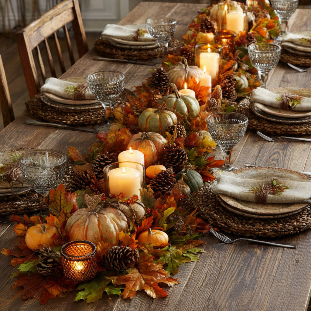 long dining table decorated with a garland of fall