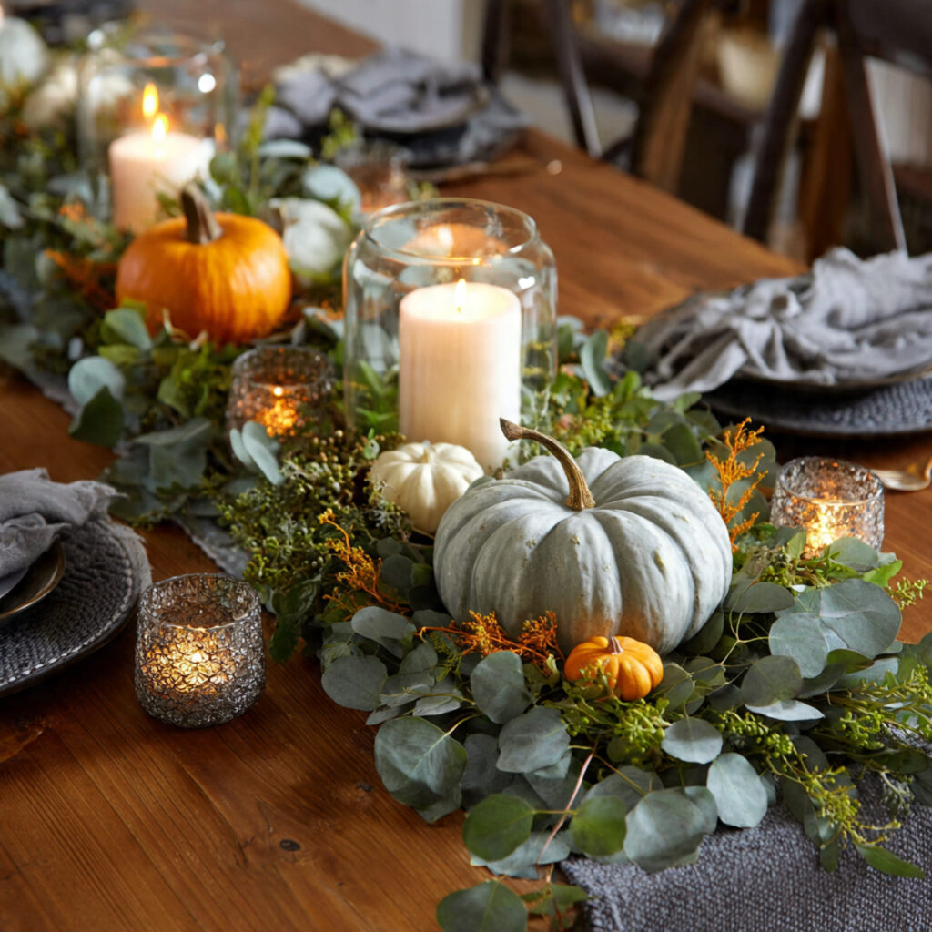 long eucalyptus garland running down the table wit