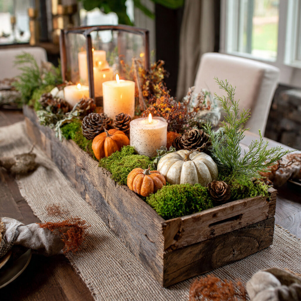 long wooden box filled with moss small pumpkins pi