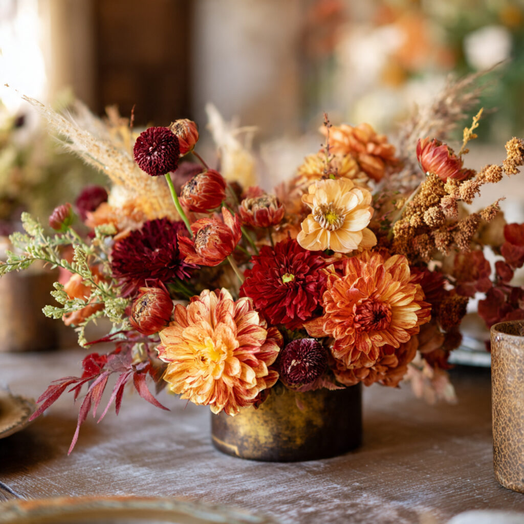 low arrangement of fall flowers in rust burgundy o